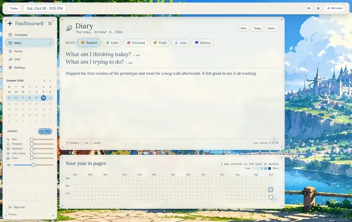 The diary: a page for one day with a mood picked and a few written lines, and a year map below.