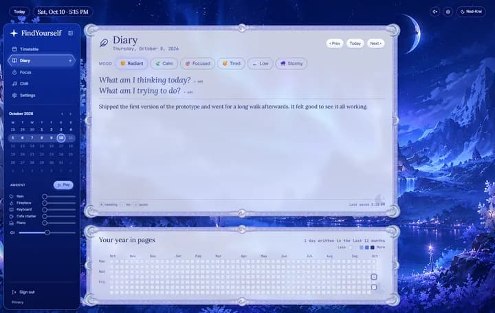 The diary: a page for one day with a mood picked and a few written lines, and a year map below.