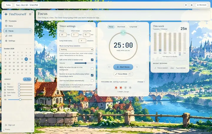 The focus page: timer settings, the round timer with its spirit, and this week's focus time with recent sessions.