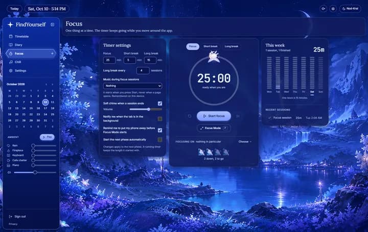 The focus page: timer settings, the round timer with its spirit, and this week's focus time with recent sessions.
