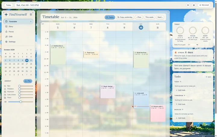 The timetable: a week grid with coloured blocks, and a side column with today's progress, a streak and your tasks.