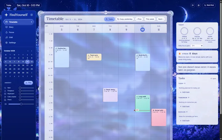 The timetable: a week grid with coloured blocks, and a side column with today's progress, a streak and your tasks.